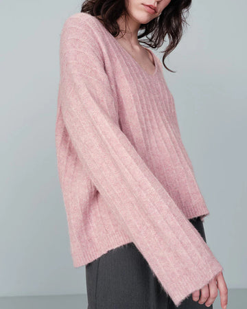 Ribbed V-Neck Pink Sweater
