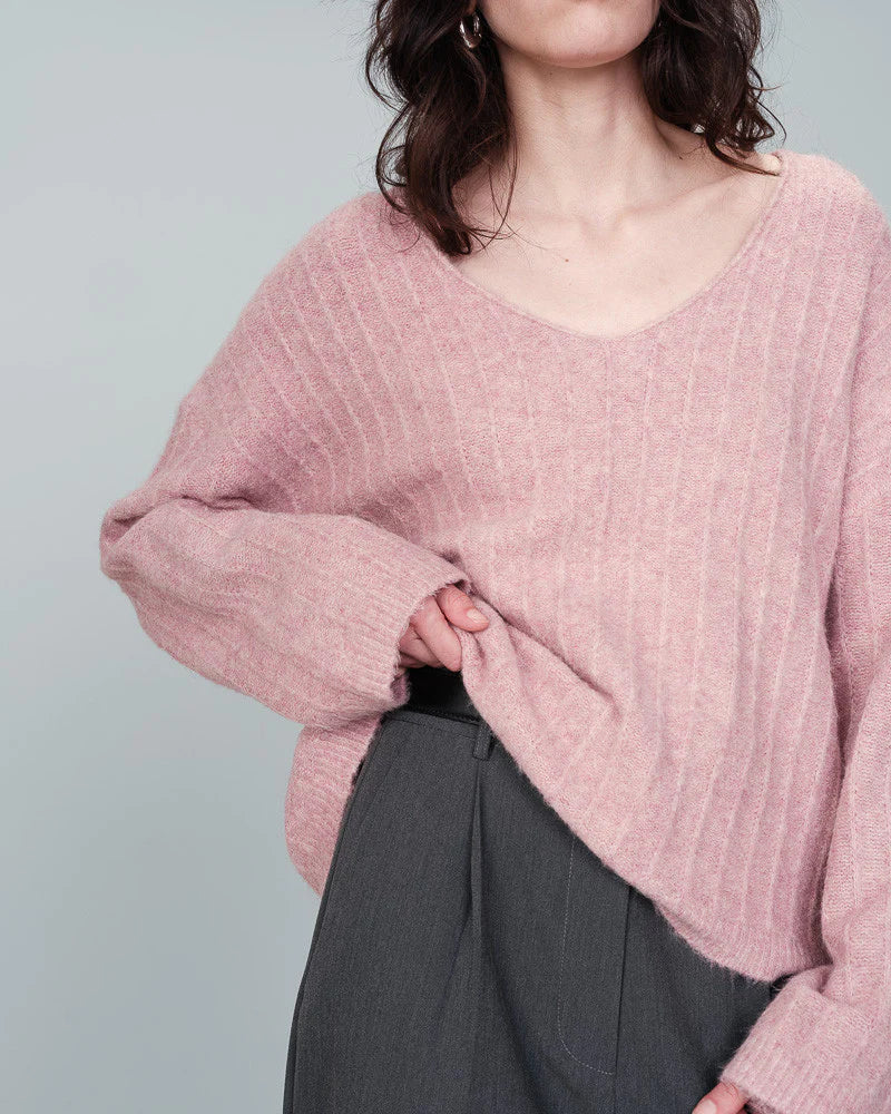 Ribbed V-Neck Pink Sweater